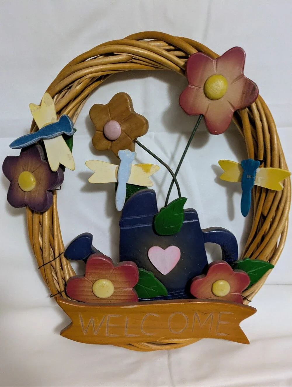 Wreath Wooden Floral Welcome Wreath with Watering Can Flowers Dragonflys Vintage